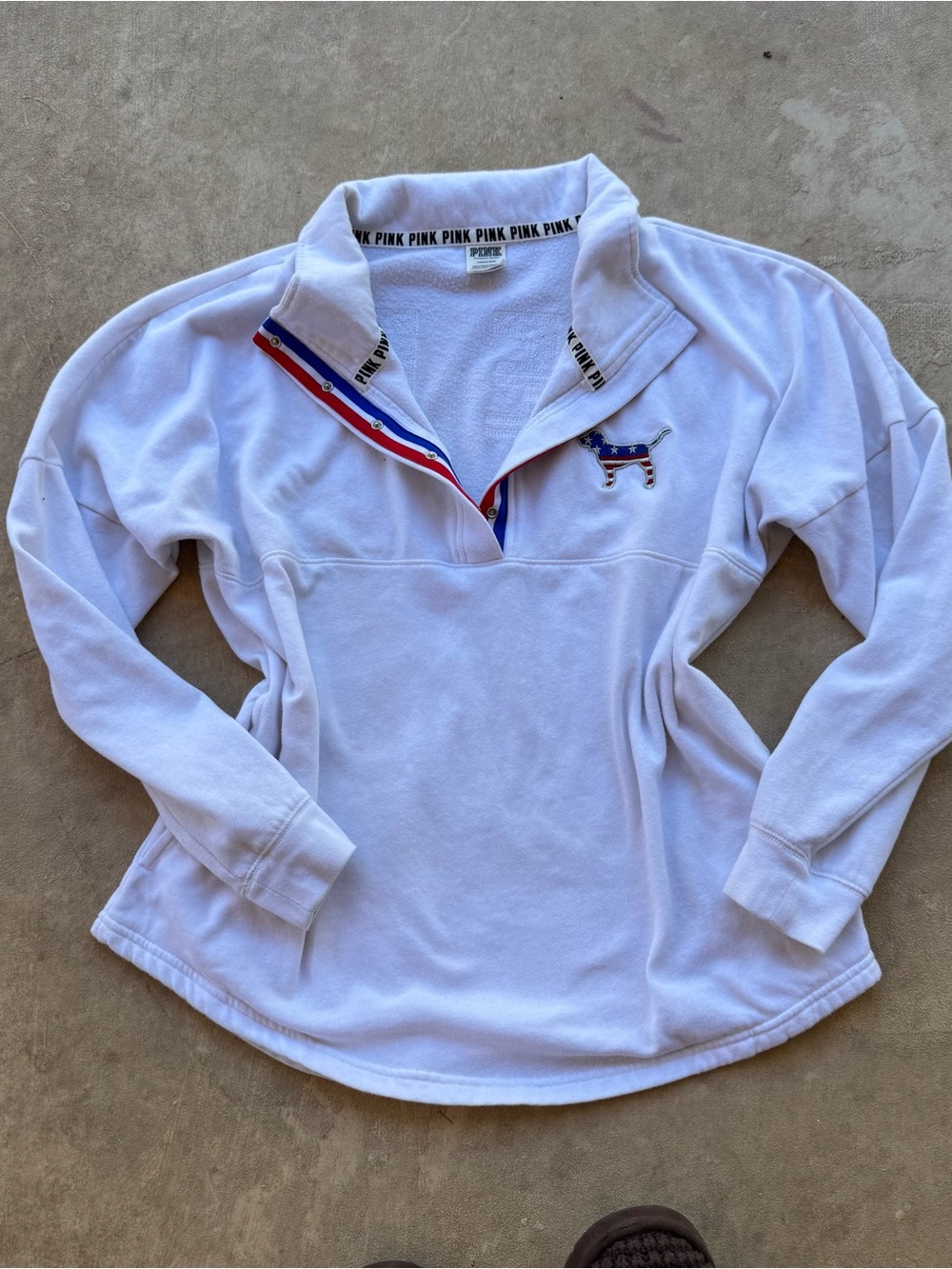 Victoria's Secret PINK White Quarter-Zip Pullover with Red & Blue Trim